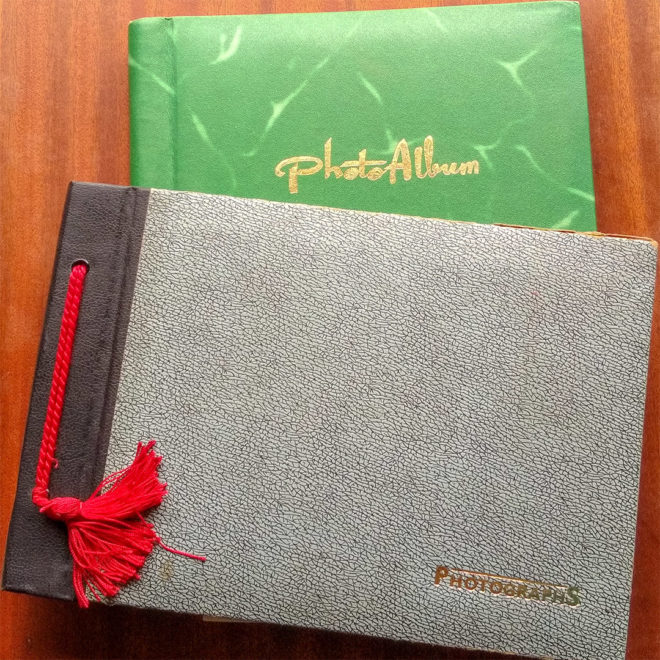 Photo albums on coffee table