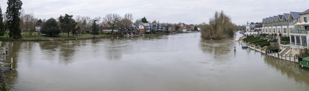 Panorama of swollen river Thames, looking upstream from Maidenhead bridge.